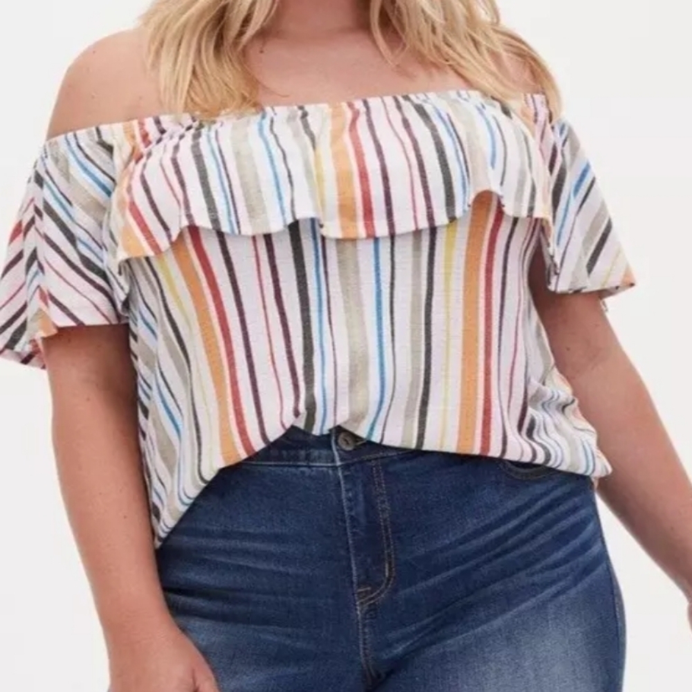 Torrid Rainbow Stripe Off Shoulder‎ Ruffle Top